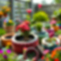 Colorful tire planters enhancing garden aesthetics