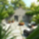 Elegant stone patio with lush greenery