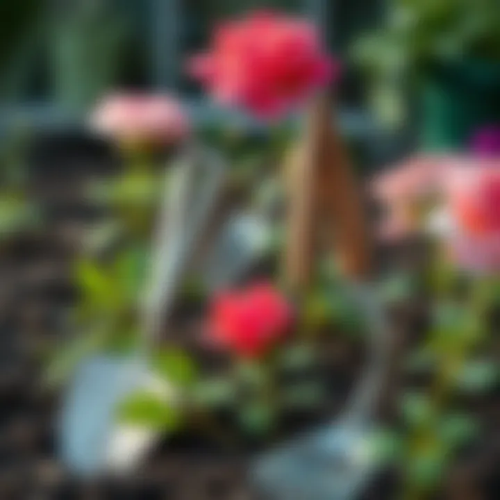 Garden tools ready for planting roses