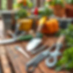 A collection of essential gardening tools laid out on a wooden table
