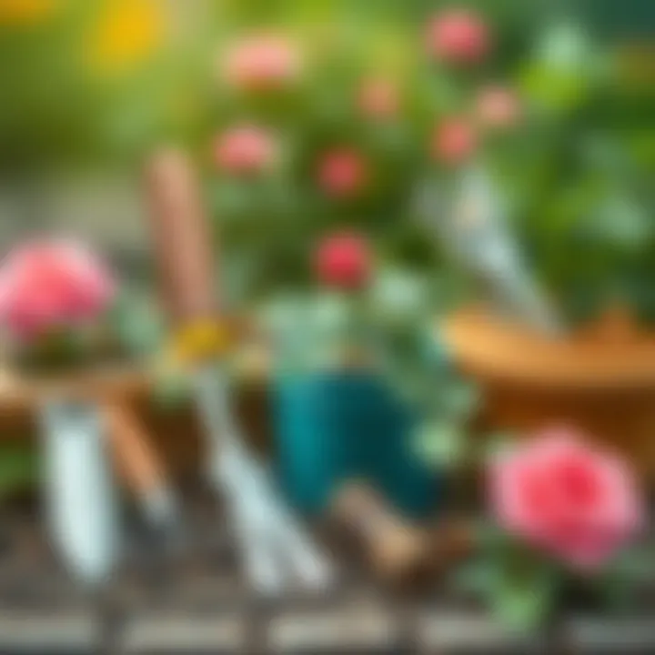 Tools for planting rose seedlings arranged neatly