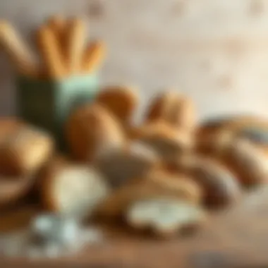 A variety of bread loaves displayed on a wooden table