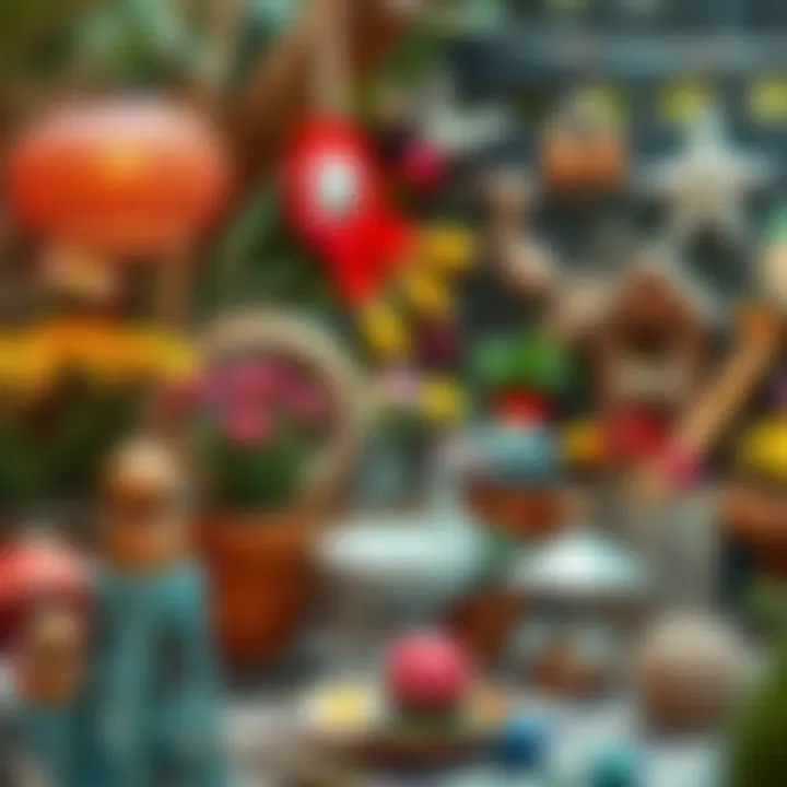 A beautiful garden with various handmade decorations