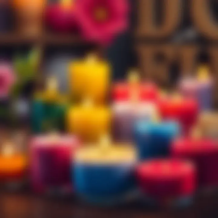 A collection of homemade candles in vibrant colors