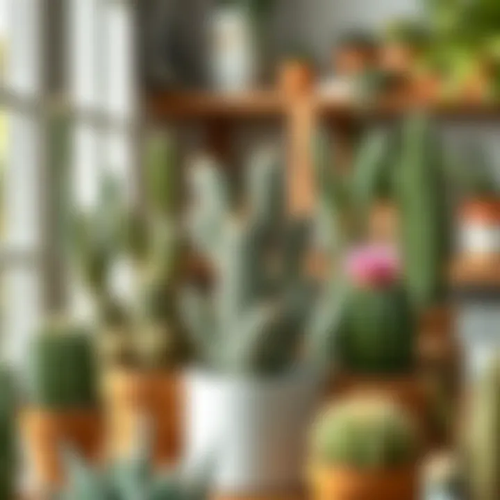 A beautifully arranged indoor garden featuring different cactus species