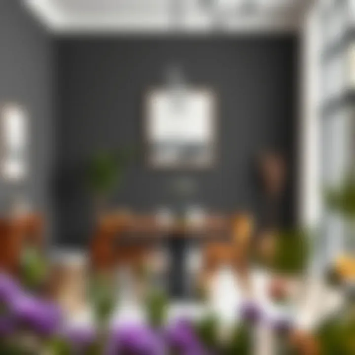 A modern dining area with dark gray walls, complemented by vibrant decor for a balanced aesthetic