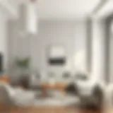 A serene living room featuring soft gray tones on the walls, creating a calming atmosphere