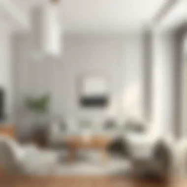 A serene living room featuring soft gray tones on the walls, creating a calming atmosphere