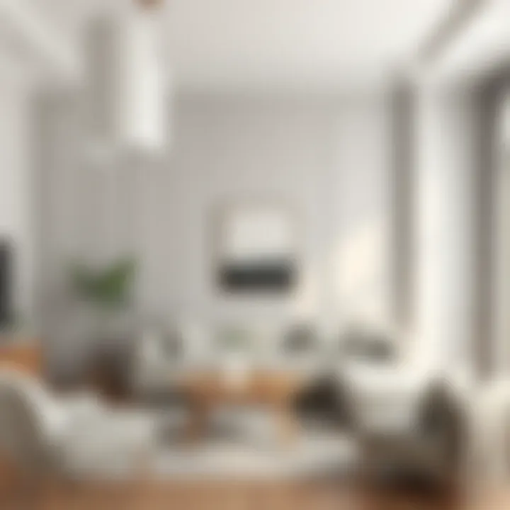 A serene living room featuring soft gray tones on the walls, creating a calming atmosphere