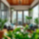 Elegant indoor balcony with modern furniture and greenery