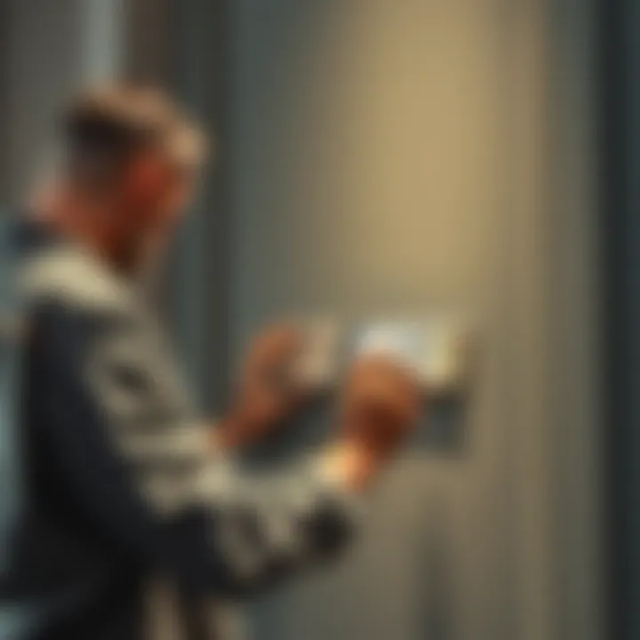 An artist applying paint to a door with precision.