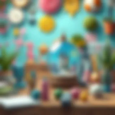 A vibrant workspace filled with colorful decorations for the snow globe