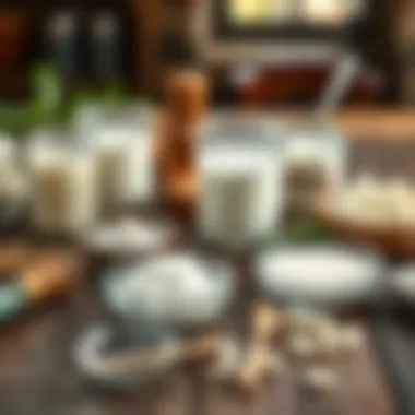 Ingredients laid out for homemade kefir preparation on a rustic table