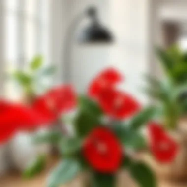 Decorative arrangement featuring red anthurium in a modern setting