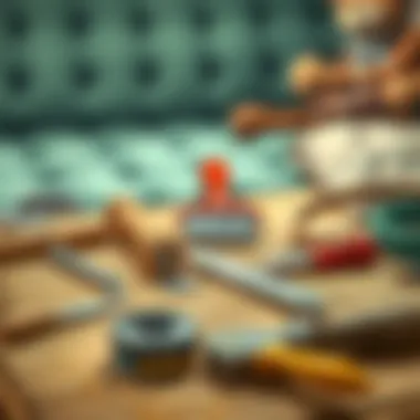 Tools and materials laid out for upholstery work