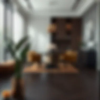 Sophisticated dining area with dark flooring and stylish decor