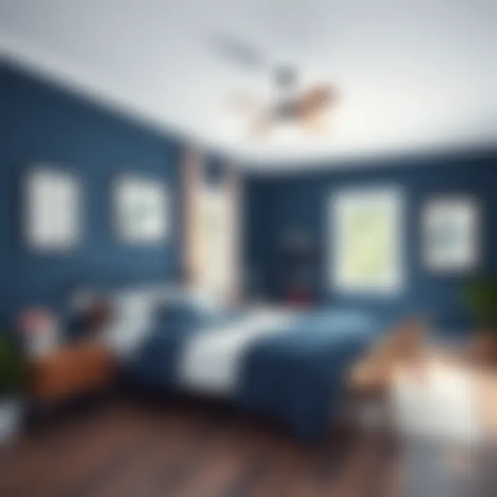 A serene bedroom designed with navy blue paint creating a tranquil atmosphere