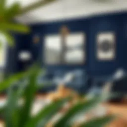 A stylish living room featuring navy blue walls and elegant decor