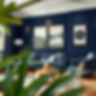 A stylish living room featuring navy blue walls and elegant decor