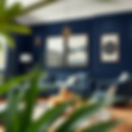 A stylish living room featuring navy blue walls and elegant decor