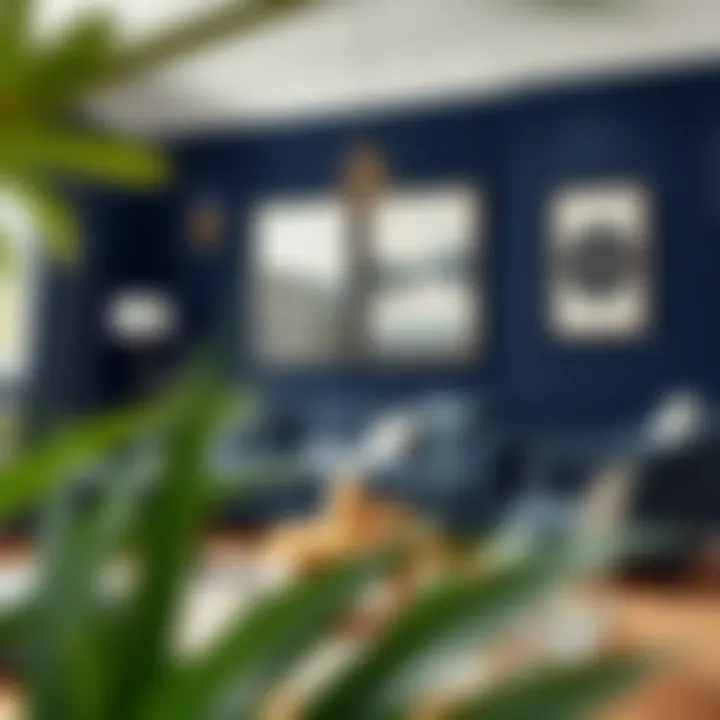 A stylish living room featuring navy blue walls and elegant decor