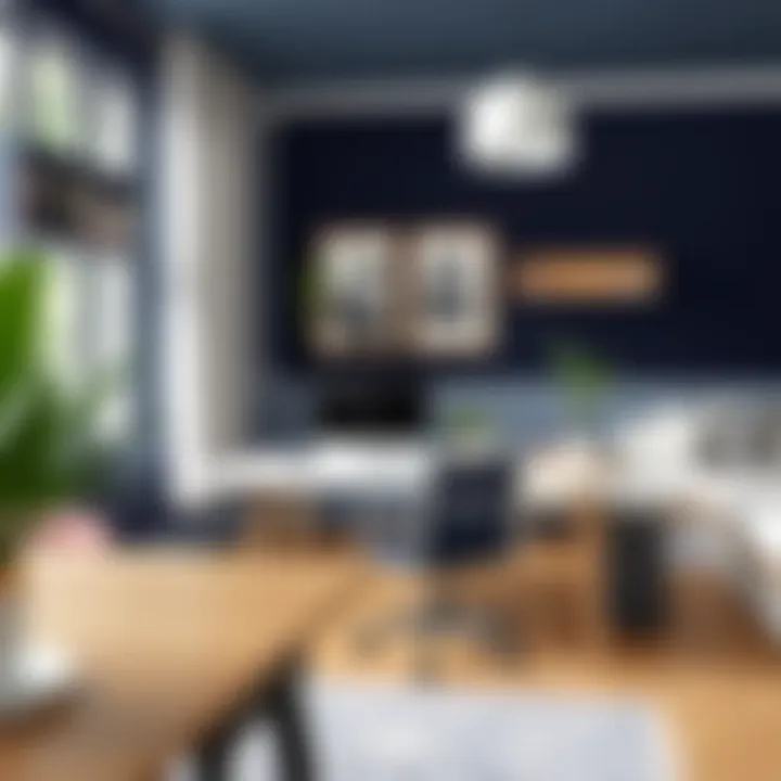 A modern workspace showcasing navy blue accents and sophisticated design