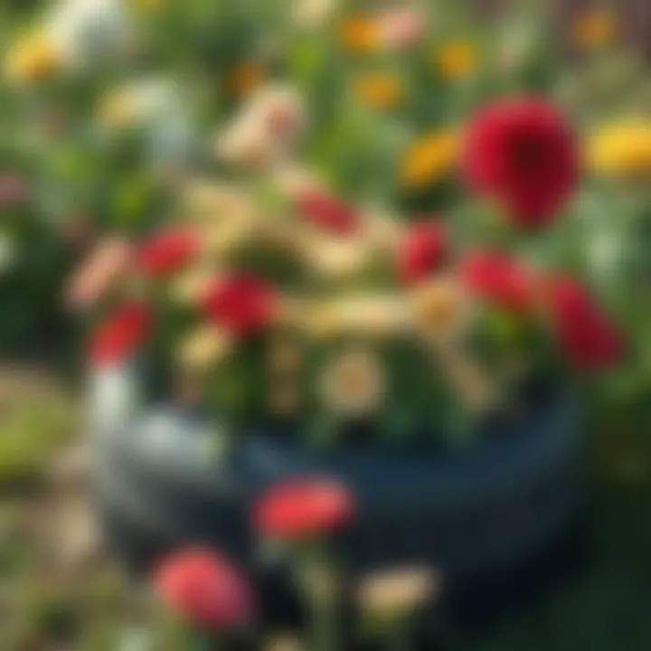 Unique tire flower bed bursting with flowers