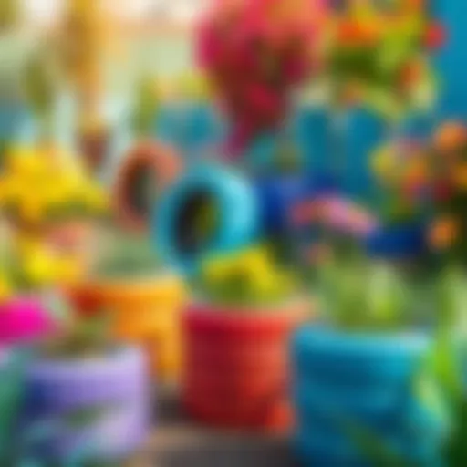 Vibrant garden showcasing colorful tire planters