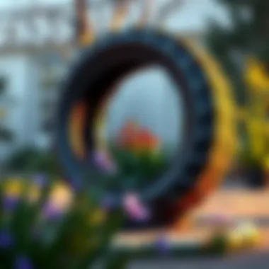 Artistic tire sculpture serving as a garden focal point