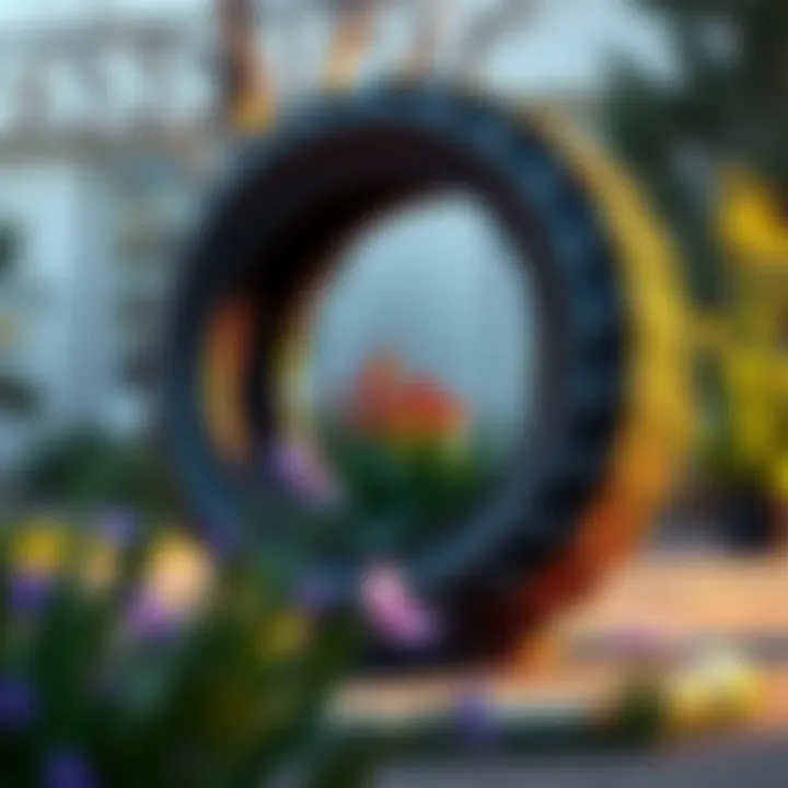 Artistic tire sculpture serving as a garden focal point