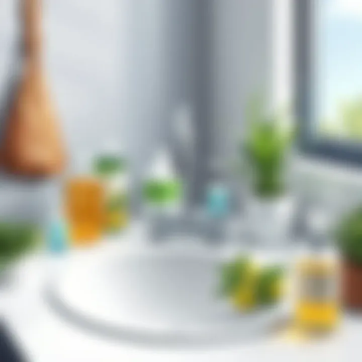 Natural cleaning solutions displayed around the sink area
