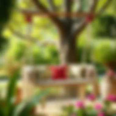 Beautifully decorated macrame swing in outdoor setting Stylish macrame swing adorned with decorative elements