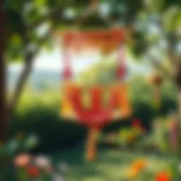 Colorful macrame swing hanging in a garden