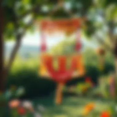 Artistic macrame swing in a serene garden Colorful macrame swing hanging in a garden