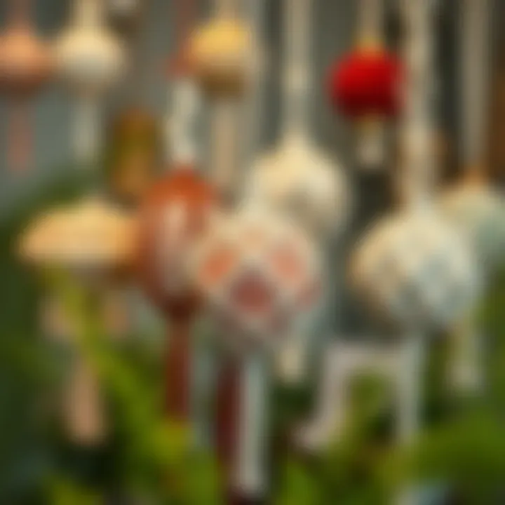 A collection of finished macrame ornaments displayed elegantly, showcasing creativity and design.