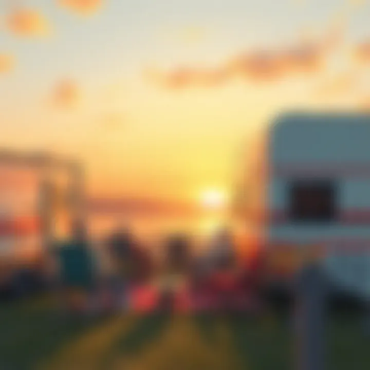 Campers enjoying a sunset by their caravans