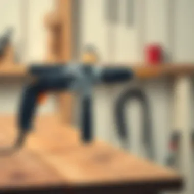 Electric drill in action on a wooden surface