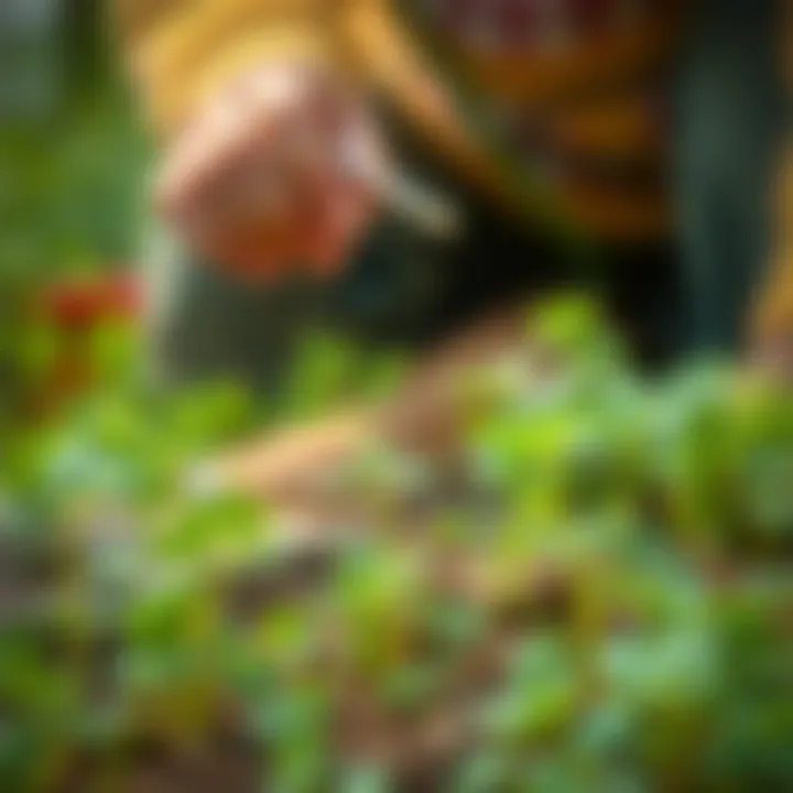Gardener tending to parsley plants