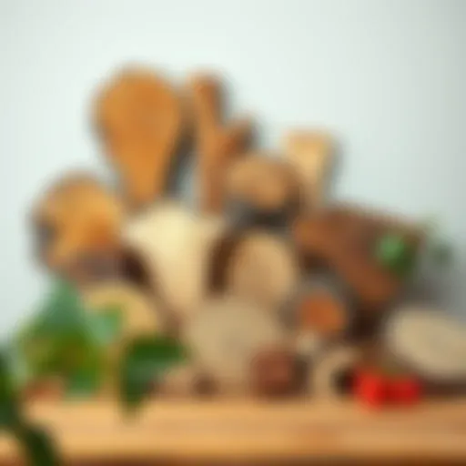 A variety of wood types used in furniture making arranged artistically