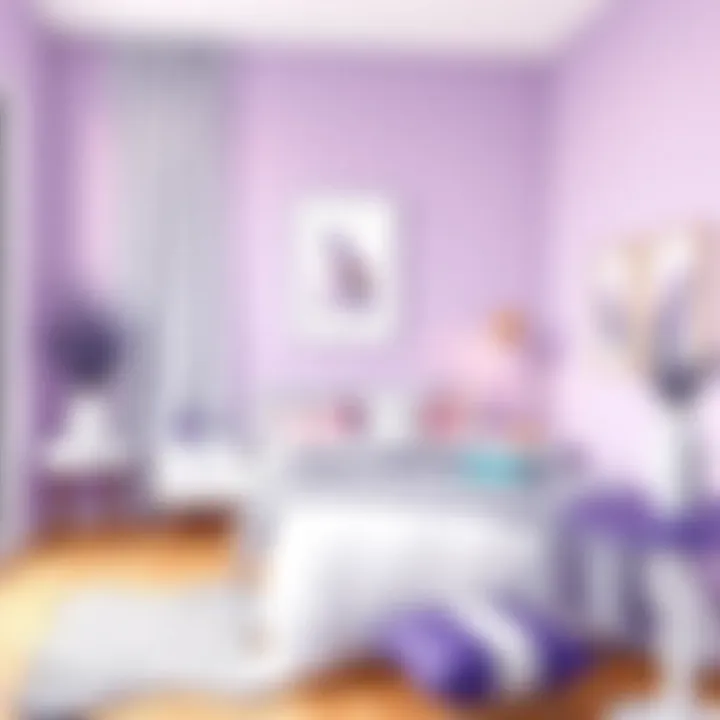 A serene bedroom with lavender accents and purple walls