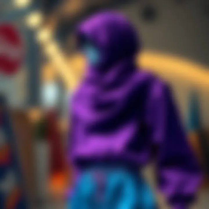 An innovative fashion piece utilizing purple and blue colors, demonstrating the versatility of this color combination in fashion design.