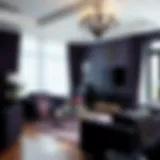 An elegant living room showcasing a sophisticated purple and black color scheme