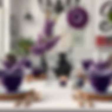 A beautiful table setting that highlights purple and black decor elements