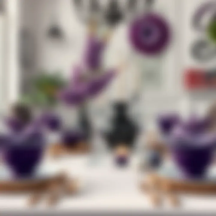 A beautiful table setting that highlights purple and black decor elements