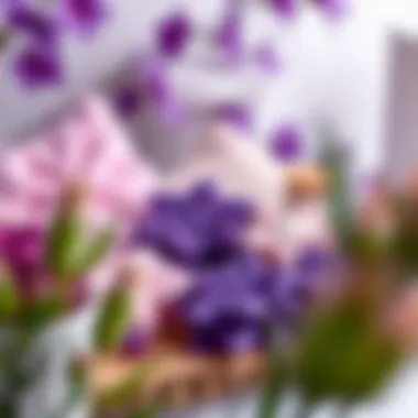 An artistic arrangement of handmade items featuring purple tones