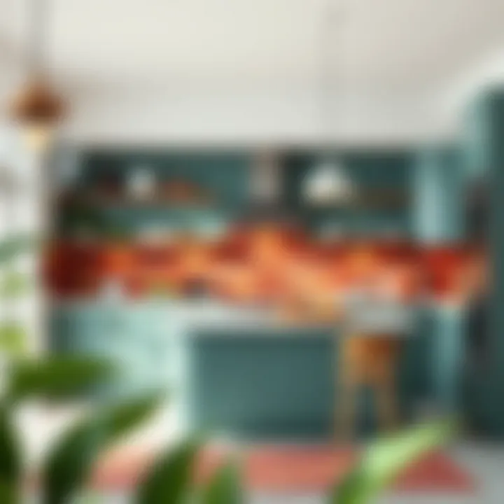 A contemporary kitchen featuring bold colors and unique textures