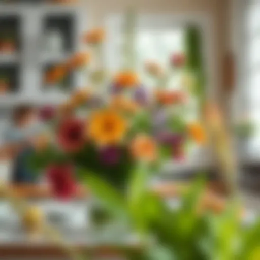 Vibrant floral arrangement in a kitchen