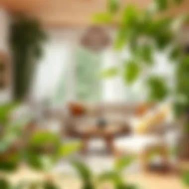 Cozy living room with natural elements and lush greenery