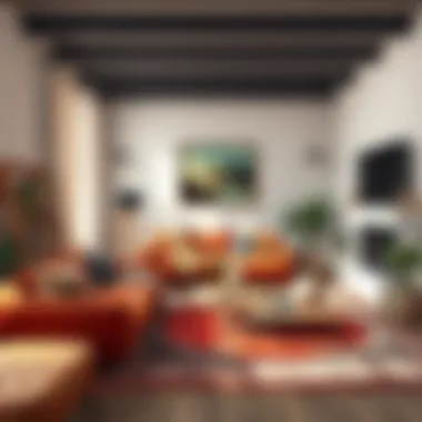 Eclectic living room featuring a mix of textures and bold colors