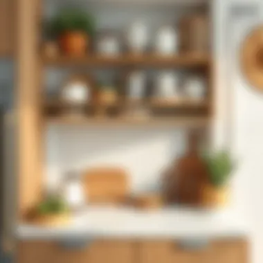 A beautifully organized kitchen shelf showcasing various materials and textures